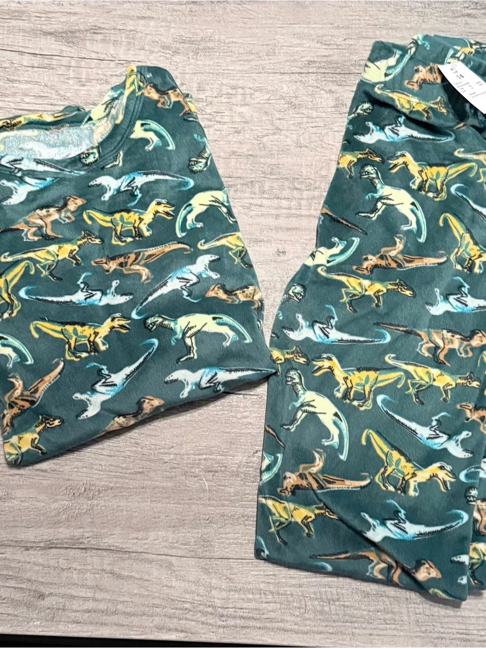 Cat & Jack Teal Dinosaur Pajama Set with Yellow & Light Blue Accents. Size 14